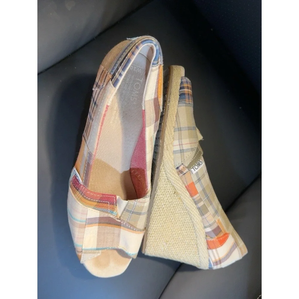 Toms Madras Plaid 10 Patchwork Espadrille Wedge Peep Toe Shoes boho